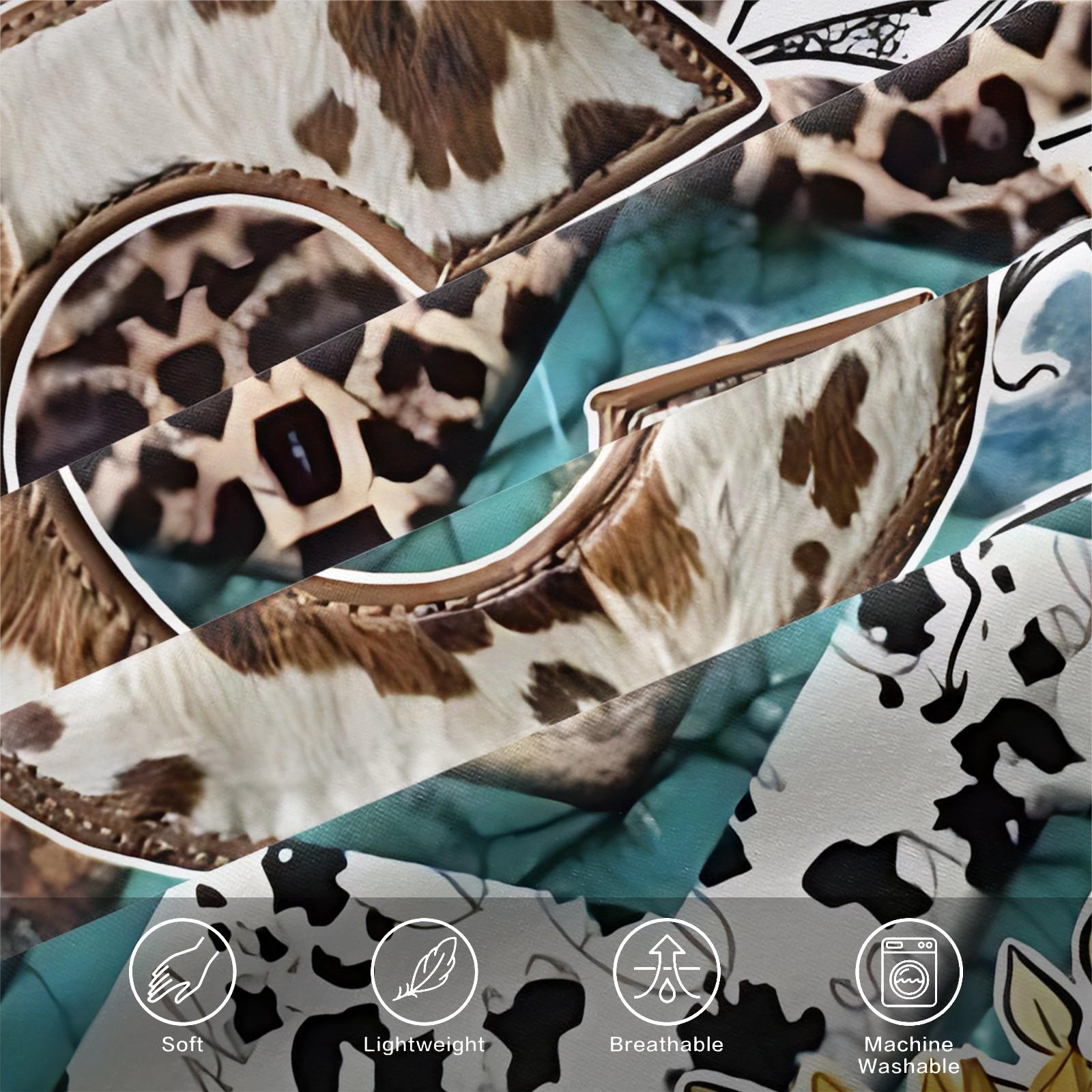 Western Retro Style Patchwork Letter C 3pcs Fitted Sheet Set,Featuring Bull Head, Sunflower,Leopard Print, Cow Print,Abstract Floral Elements Bedding Set,Comfortable Fiber Bed Cover,Perfect  Forclassic Retro  Decor!Includes 2 Pillowcases,No Pillow Core.