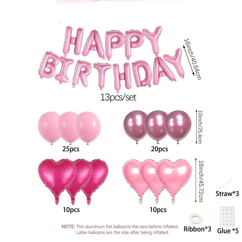 Pink Birthday Balloon Set, Includes 16-Inch Pink Decorations, Magenta Heart Shaped Balloons, and Metallic Pink Balloons, Suitable for Birthday Parties, Weddings, Bachelorette Showers