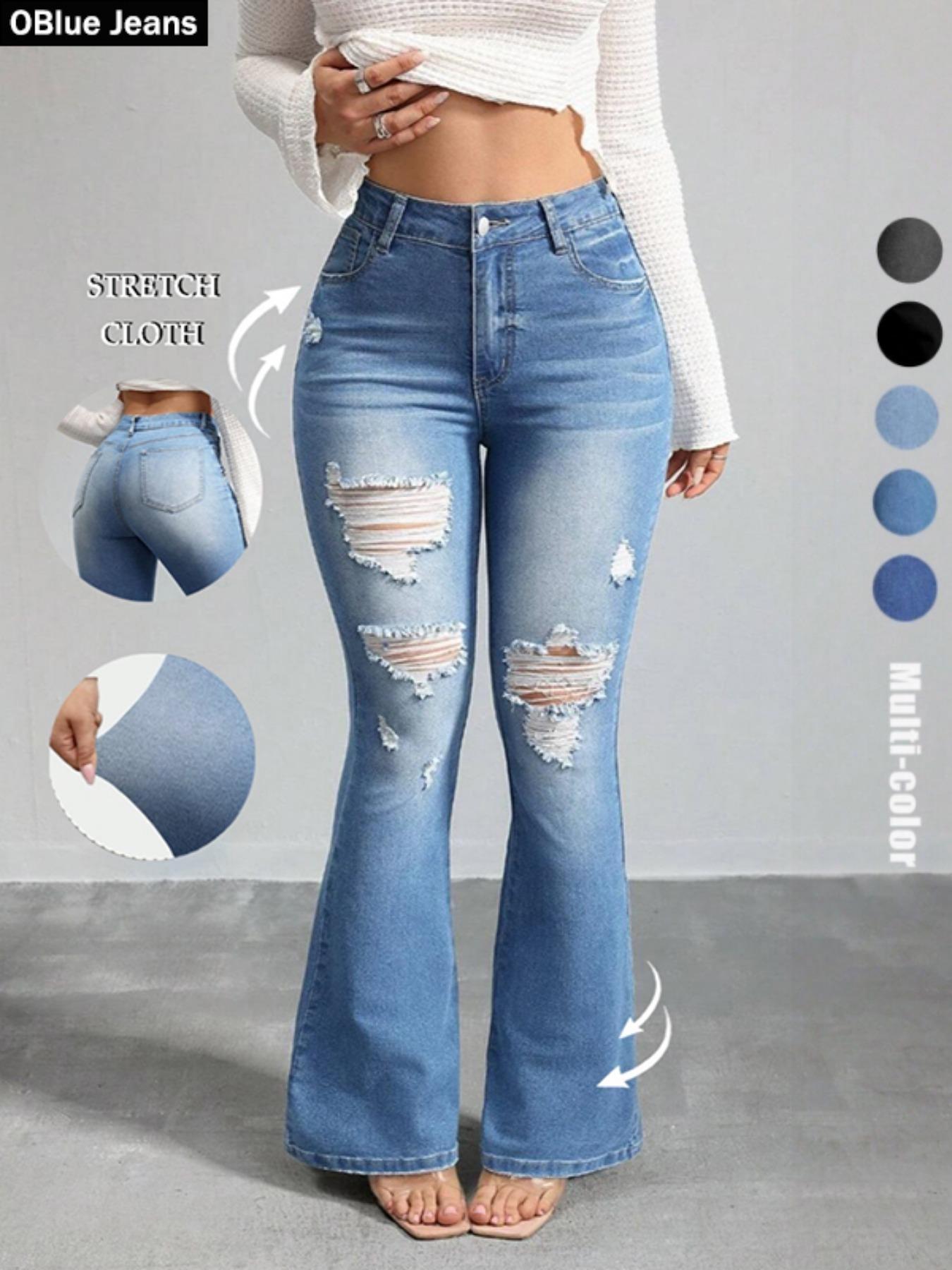 OBlue Jeans Women's Flare Leg Jeans, Casual Comfy Stretchy High Waist Bell Bottom Trousers for Daily Wear, Ladies Bottoms for All Seasons, Pants