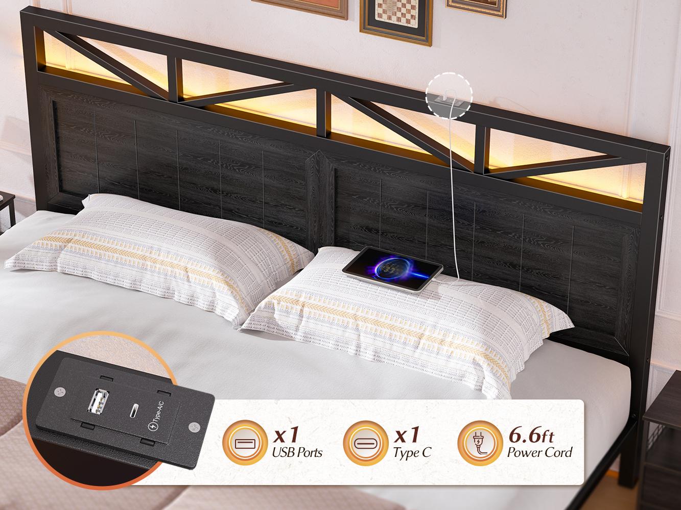 [Live] NO MATTRESS,LED Bed Frame with USB Outlet, Farmhouse Queen Size Bed Frames with 2 Storage Drawers & Built-in Charging Station, Wood Metal King Size Platform Bed Frame with Headboard, Farm Style Bedroom Furniture with LED