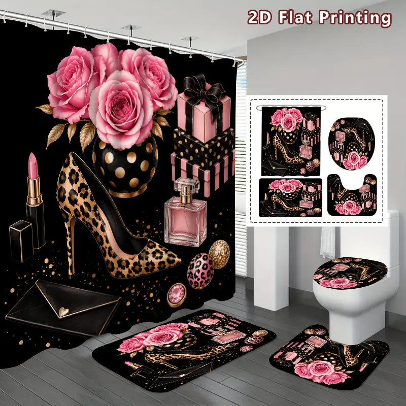 4pcs Elegant Shower Curtain Set – Pink Black Gold Fashion Pattern Bathroom Decor, Includes U-Shaped Mat, Toilet Lid Cover & Hooks, Glam Style Home Accessories