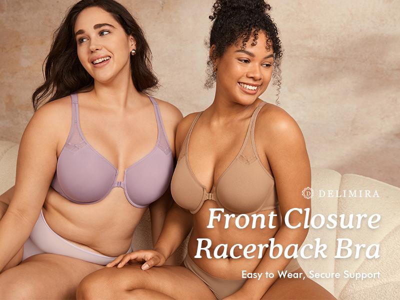 DELIMIRA Women's Front Closure Racerback Bras Plus Size Full Coverage Supportive Underwire Plunge Unlined Bra