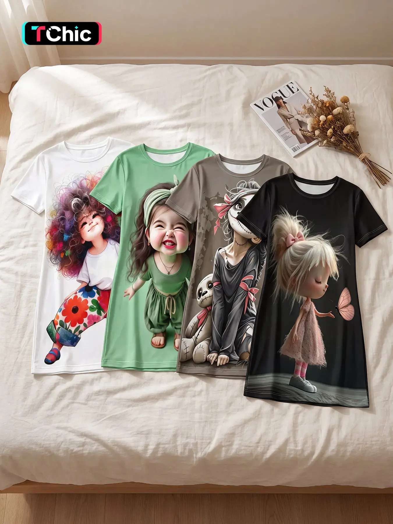 Women's 4 Pack Crew Neck Short Sleeve Sleep Dress, All Season Wear, Whimsical Four-theme Fairytale Print, Cute Dreamy Quirky Style, Unique Home Sleep Dress