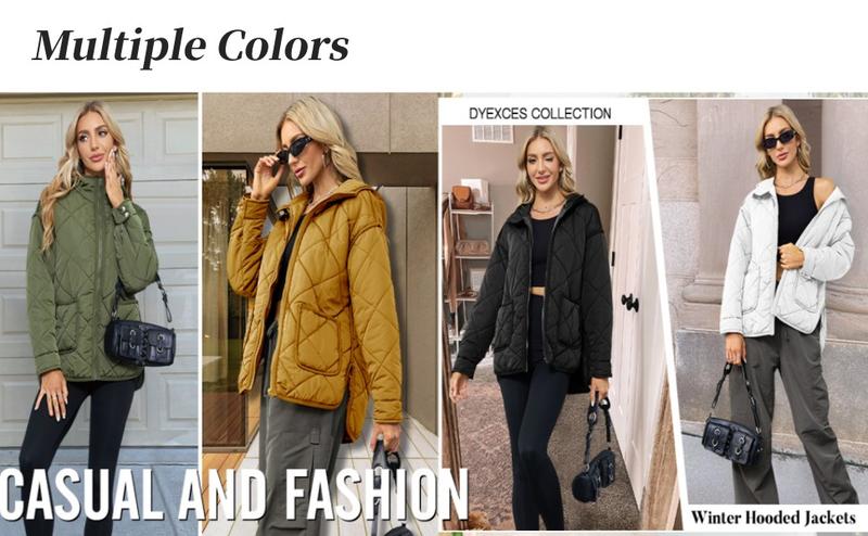 Danedvi Womens Quilted Puffer Jacket Hooded Long Sleeve Zip Up Winter Coat Lightweight Warm Jackets with Pockets trench  coat  buttoned  top Casual Fabric Womenswear Polyester Outerwear Comfort Fitted Basic Minimalist