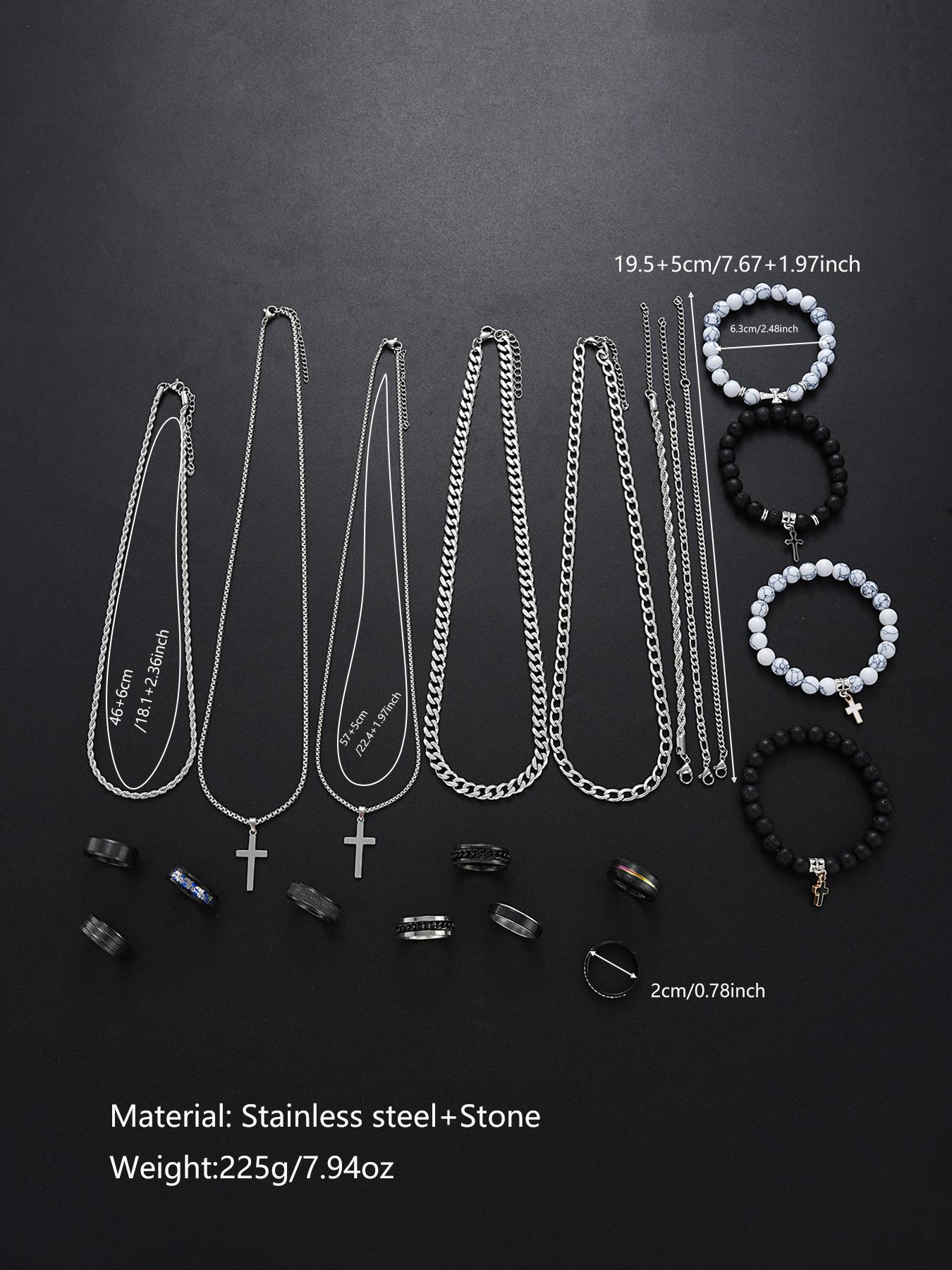 Men's Stainless Steel Jewelry Set, Casual Cross Necklace & Bracelet Pair, All-Seasons Accessory Gift for Birthdays & Dates