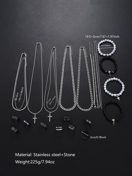 Men's Stainless Steel Jewelry Set, Casual Cross Necklace & Bracelet Pair, All-Seasons Accessory Gift for Birthdays & Dates