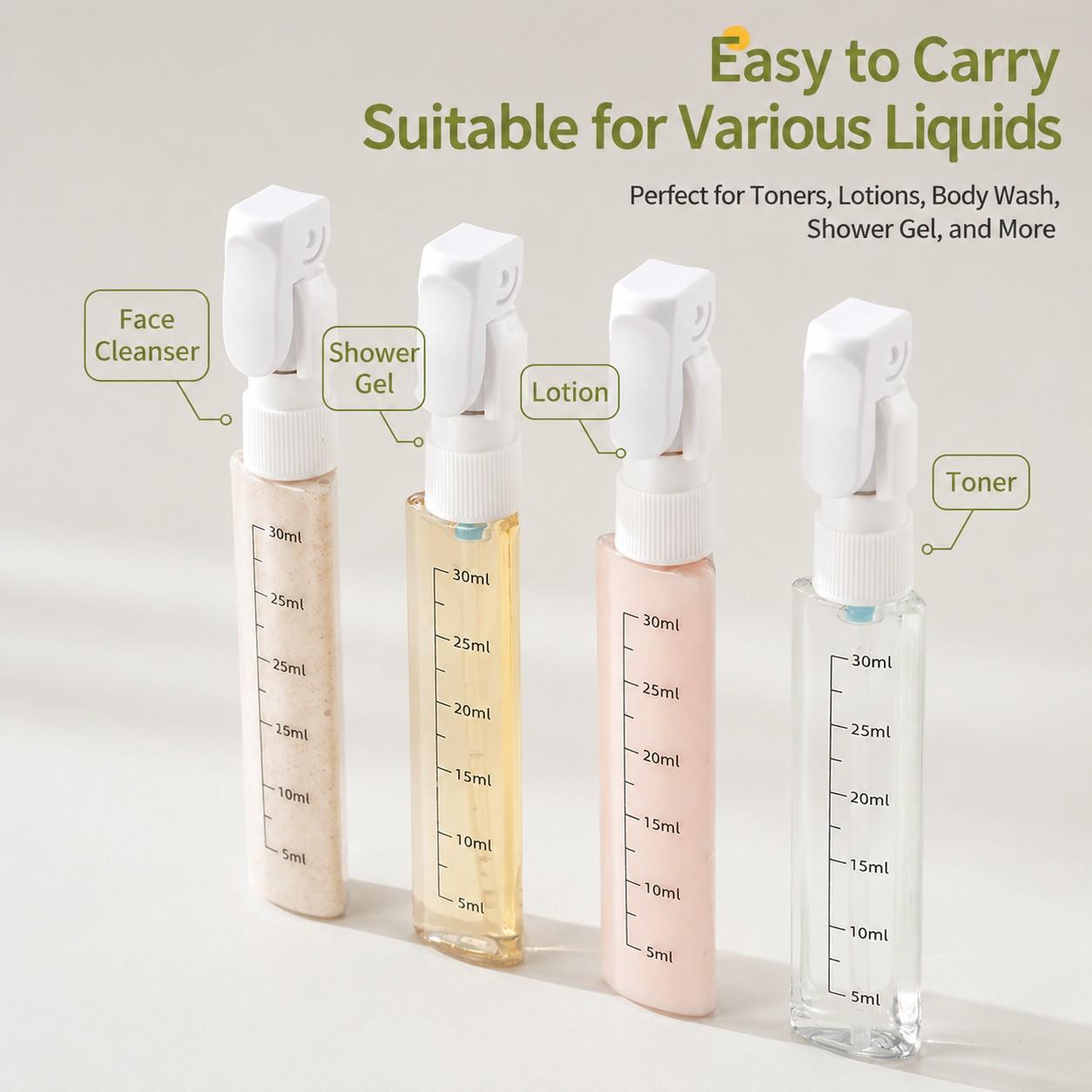 Contains 4 inner bottles, composite dispensing bottle, with label, travel bottle, travel dispensing bottle, toiletries container, buckle-type refillable lotion dispenser, toiletries container, travel, business trip, squeeze bottle, lotion bottle