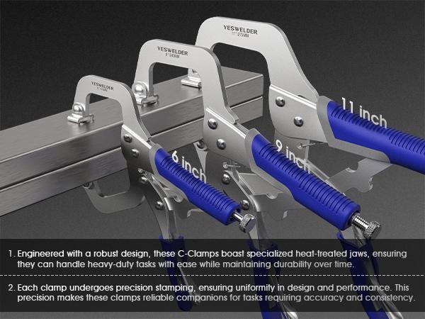 YESWELDER Locking C-Clamp Set of 3 Sizes (6, 9, 11 inches) | Robust Design, Heat-Treated Jaws, Chrome-Plated Alloy Steel | Home & Workshop Use