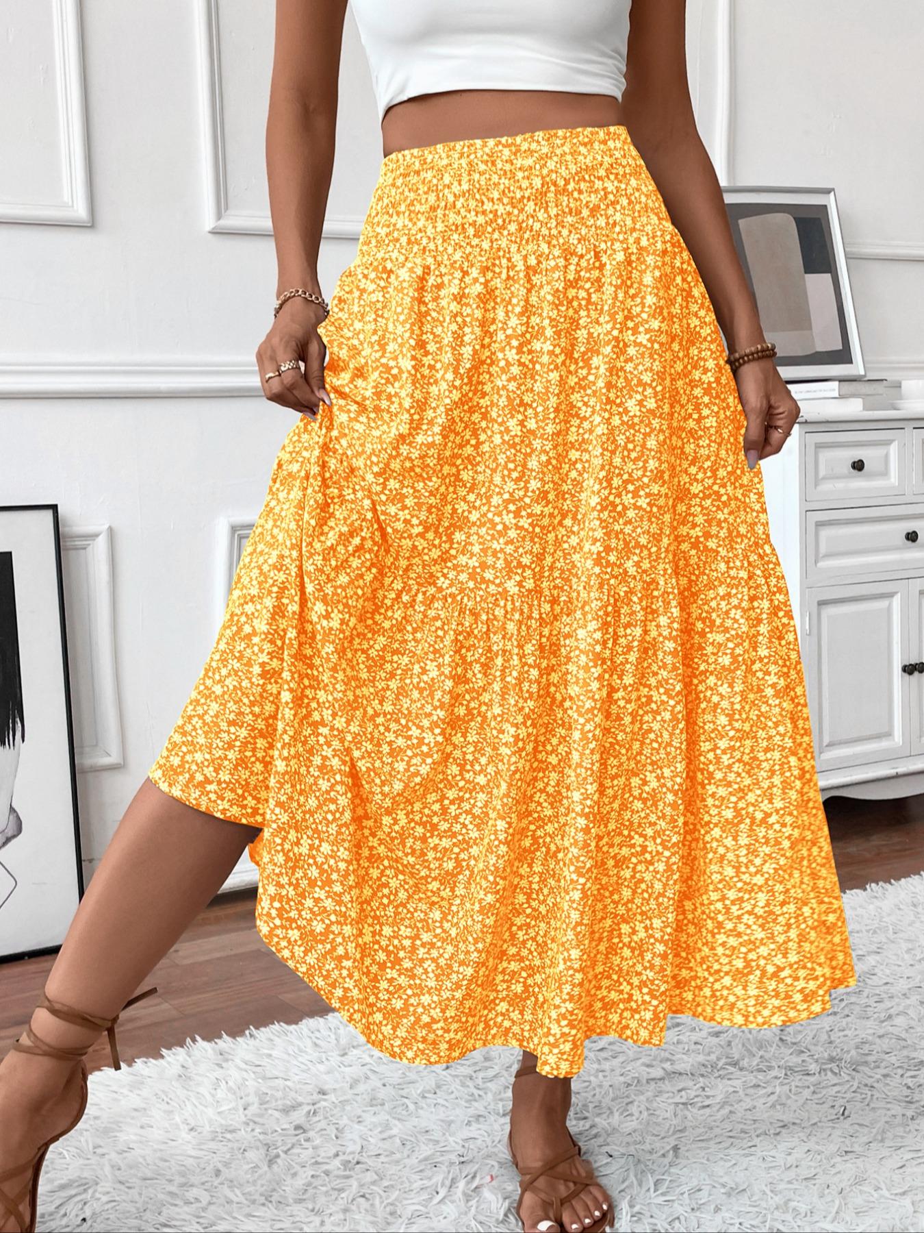 Women's Floral Casual A-Line Ruffled Skirt, Elastic Waist Pockets, Leaf Hem, Long Fitted Skirt, Fashionable Mid-Length Dress