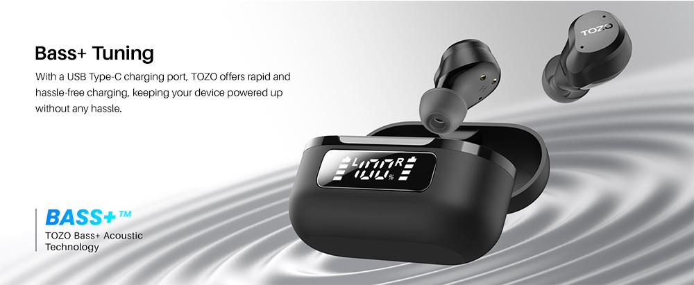 TOZO 2024NC9 Hybrid Active Noise Cancelling Wireless Earbuds ENC IPX8 Waterproof Bluetooth 5.3 Headphones Stereo Bass Heasets Headsets Audio headphones  audifonos traveling gadgets Electronic FathersDayGift Dark Black Microphone Charging