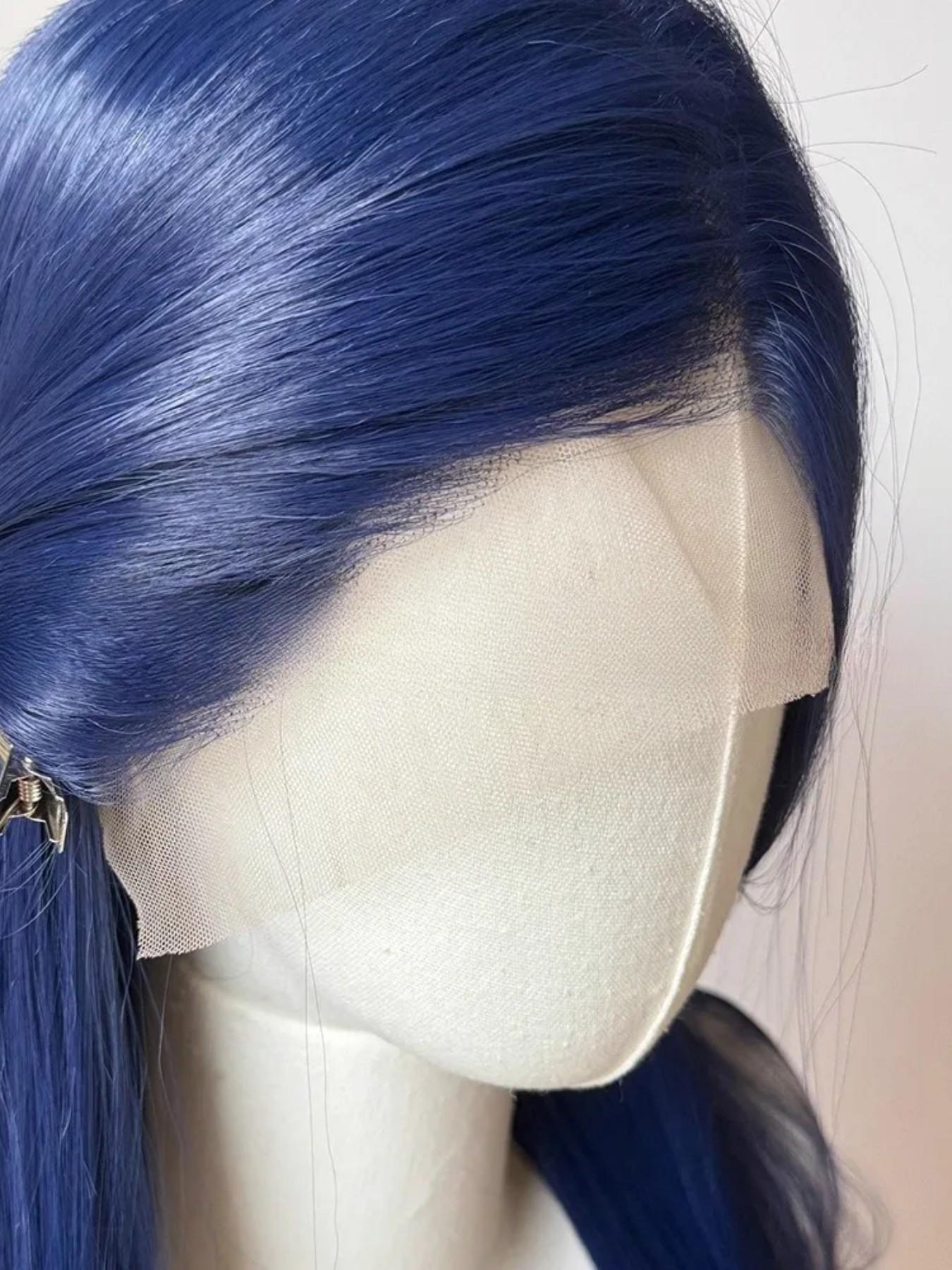 28-Inch Deep Blue Straight Wig for Women, Soft Lace Front, 180% Density, Pre-Plucked, No Glue, Heat Resistant, Daily Use