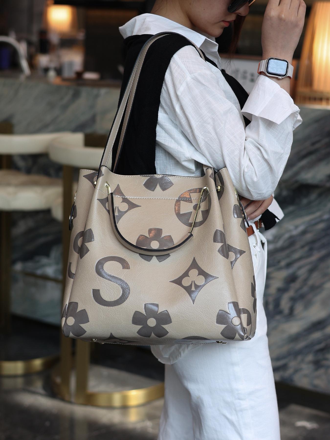 Women's Elegant Floral Embossed Tote Bag, Embellished Shoulder Bag, Fashionable Shoulder Bag Set, Versatile Work & Casual Bag, Daily Use Accessory