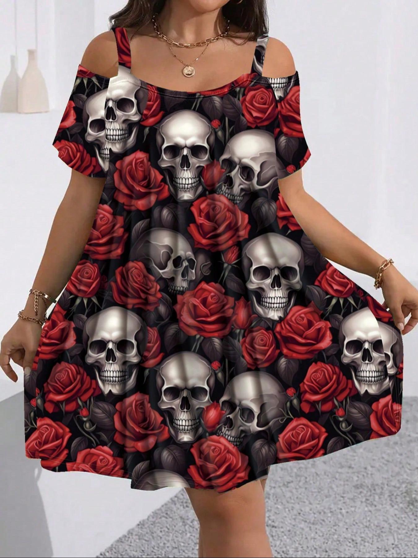 Summer Women's Short Sleeve Hollow Out Spaghetti Strap Fashion Elegant Fitted Halloween Skull Print Dress, Lady, Casual Cut Out, Comfortable Fit, Stylish and Trendy, Perfect for Casual Wear, Womenswear