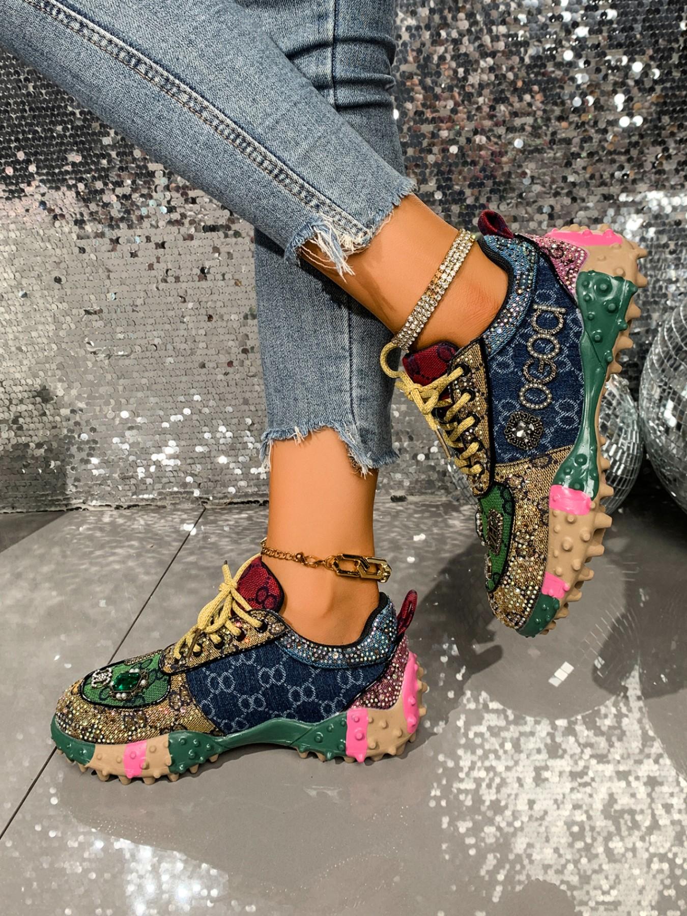 Vintage Colorblock Thick Sole Fashion Shoes, Unique Design Sequins Casual Sports Sneakers, Stylish Low-Top Footwear for Women & Men