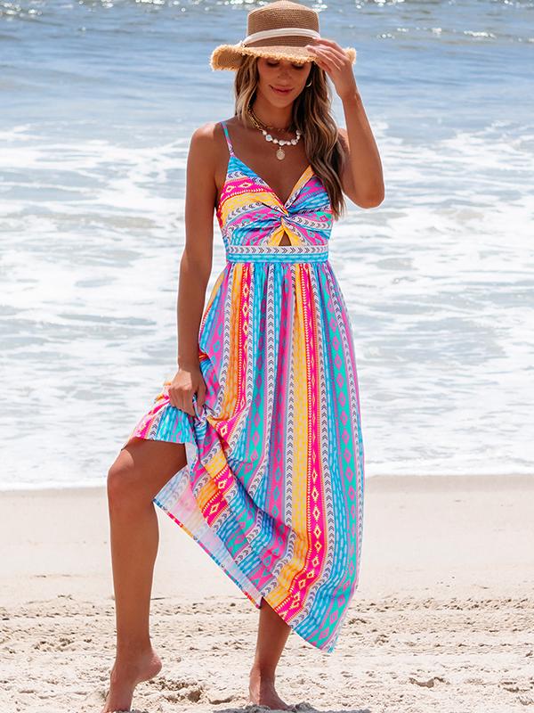 Popvil Tribal Printed Front Knot Cami Dress,Women's V Neck Sleeveless Seaside Vacation Maxi Dress for Summer,Causal Wear,dealsforyoudays