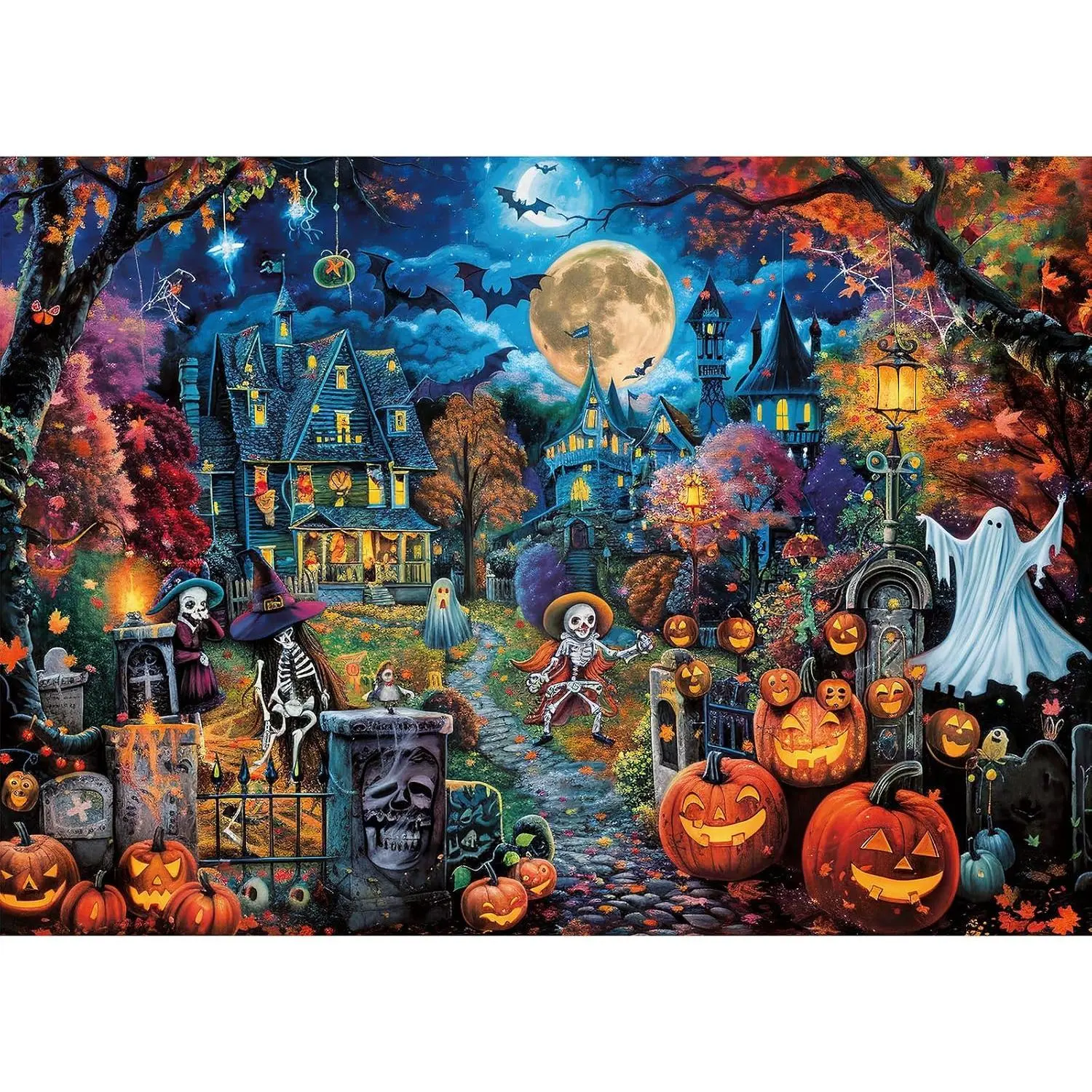 Halloween Jigsaw Puzzles 1000 Pieces Horror Puzzle for Adults Spooky Scary Ghost Skeleton Featuring Holiday Witchy Haunted House Pumpkin Skeleton Grave Artwork Puzzle