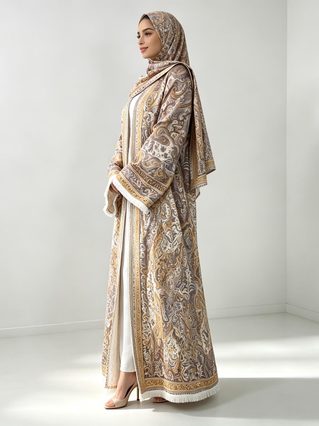 [ Includes Hijab]  Printed Abaya Set, Polyester Fabric, Wrinkle-Resistant, Wide Sleeves with Fringe, Available in 5 Sizes#PashminaAbaya #PolyesterAbaya #PrintedAbaya #TwoPieceAbaya #HijabFashion