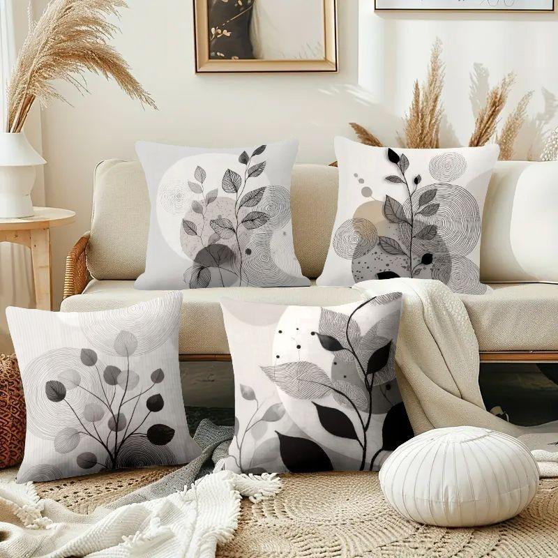 4pcs, Bohemia Themed Throw Pillow Cover, Leaf Pattern Design, Home Spring Décor Products, Suitable Living Room, Bedroom, Sofa and Bed Decoration, 2D Flat, Single Sided Printing, No Pillow Core