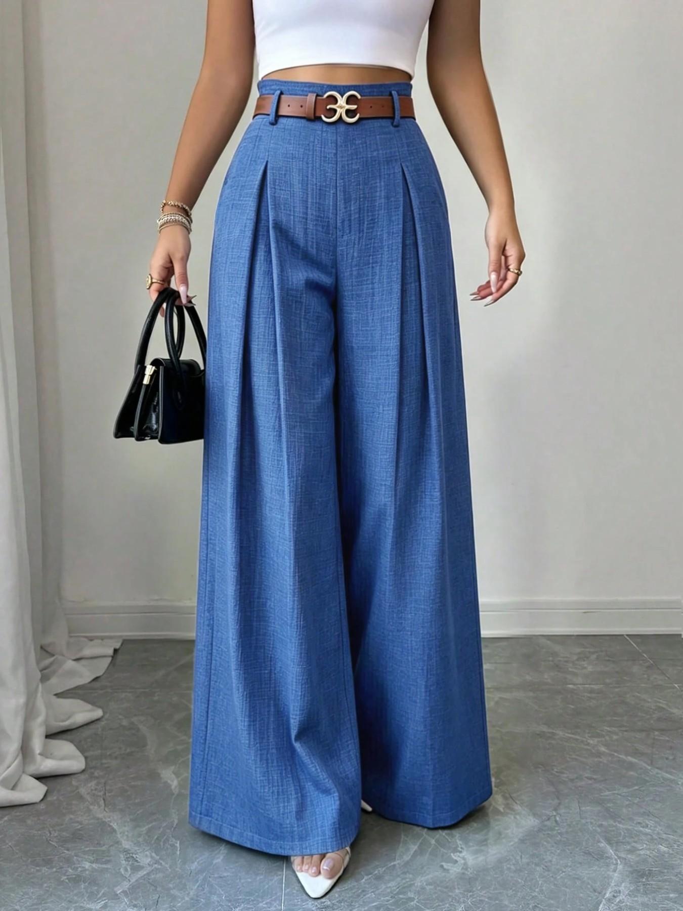 Elegant Minimalist High-Waist Wide-Leg Pants without Belt, Casual Loose-Fit Elastic Waist Long Trousers for Office, Women's Bottoms for Summer & Fall