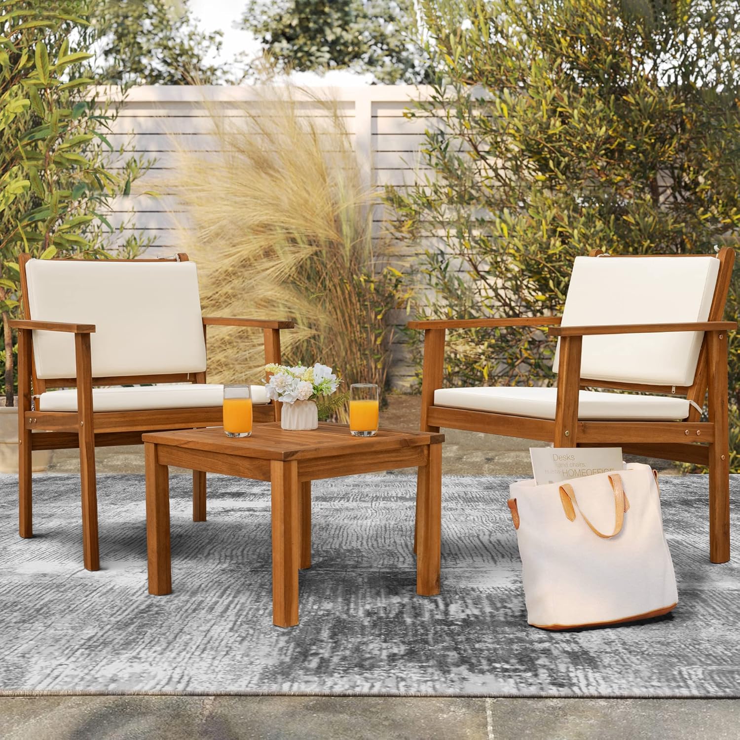 HOMALL Patio Chairs 4 Piece Acacia Wood Patio Furniture with Coffee Table & Cushions Outdoor Conversation Set Balcony Chairs for Porch, Deck, Backyard