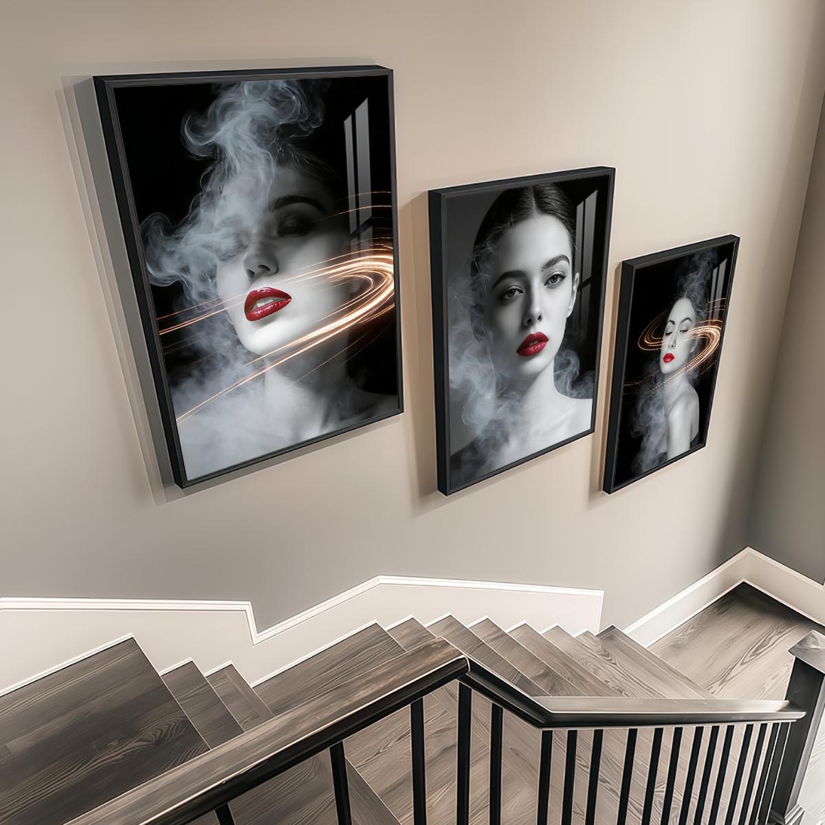 3 Counts Aluminum Alloy Framed Painting, Abstract Smoke And Light Portrait Pictures, Home Decoration For Living Room, Bedroom, Office, Restaurant, Hallway Wall Decor, Odorless Print Artwork, Luxury Perfect Gift For Friends And Family