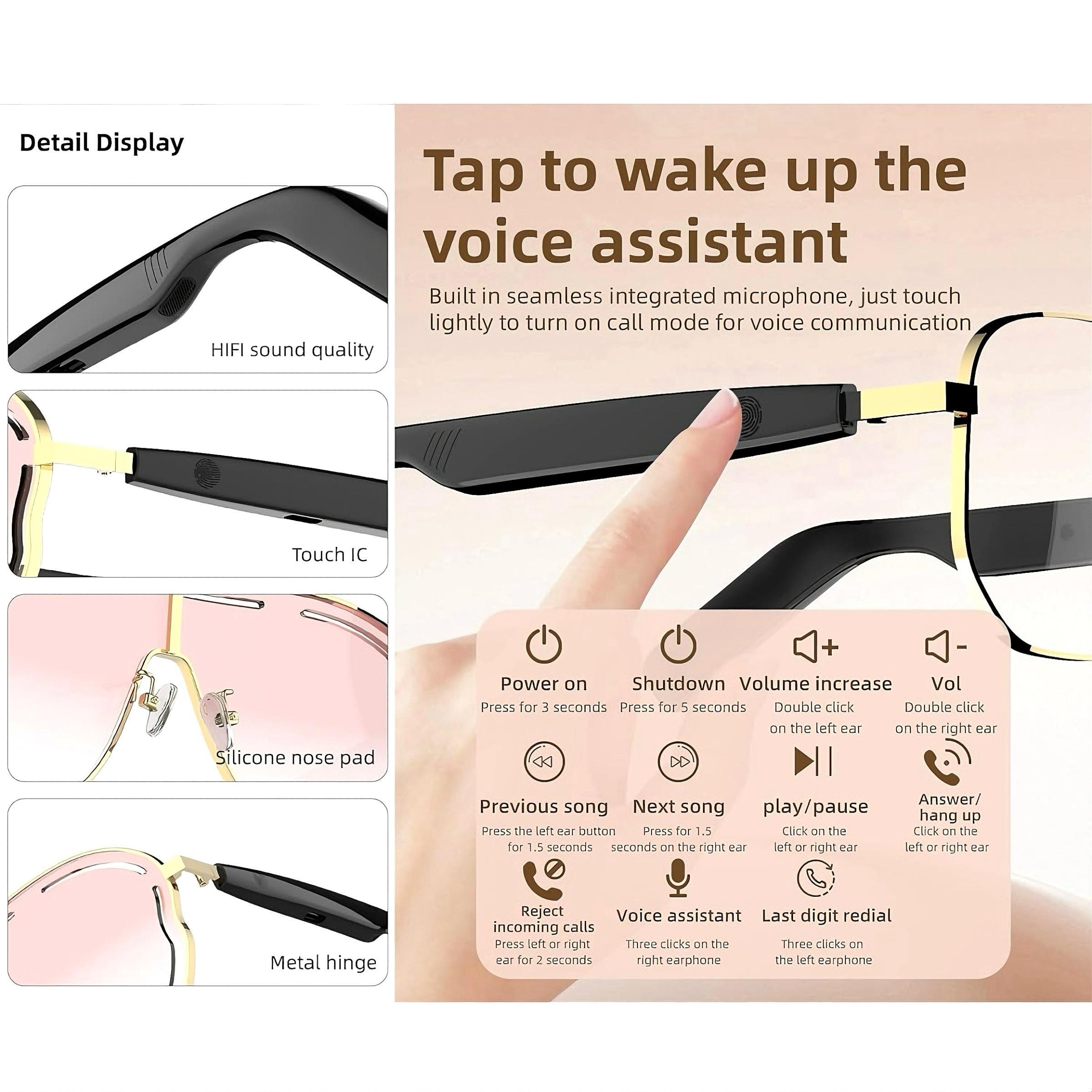 AI Bluetooth smart glasses, Multifunctional smart glasses, supporting translation of multiple language apps, in ear automatic detection switch, sun protection sunglasses, sweat proof, suitable for travel, navigation, meetings, business
