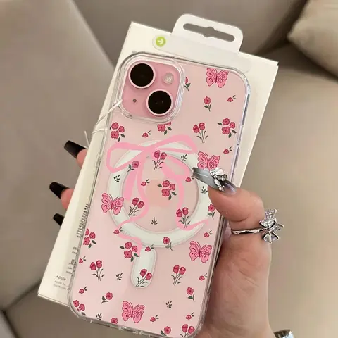 Pink Bow Ribbon Floral Magnetic Phone Case - Slim Dual-Layer Polycarbonate Shell with TPU Shock-Absorbent Lining, UV-Bright Colors, Raised Bezels, Wireless Charging Compatible with iPhone 11–17 Pro Max