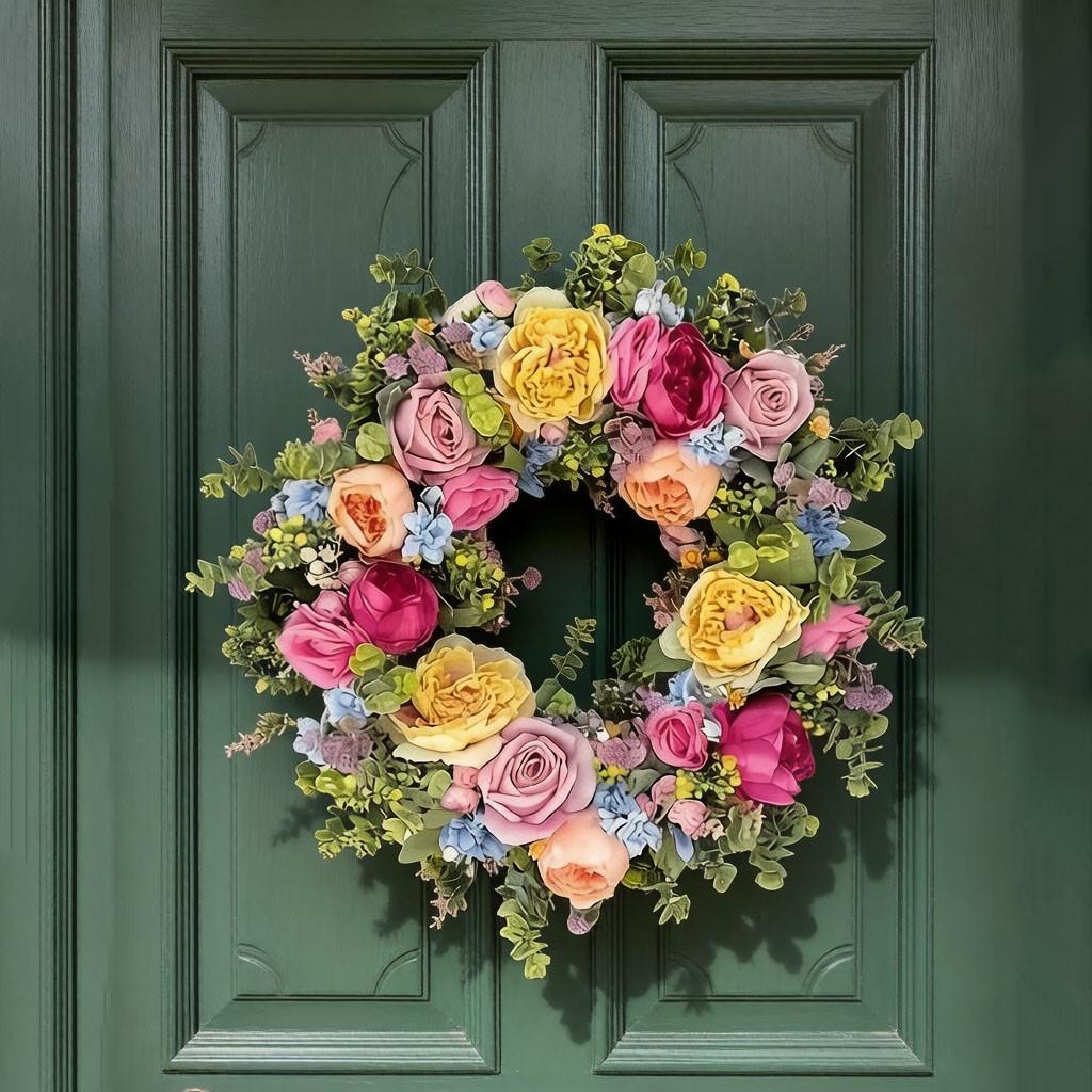 Spring Summer Artificial Flower Wreath, Mixed Rose Peony Dual Door Wreath, Handmade All-Season Wreath, Home Wedding Party Decor