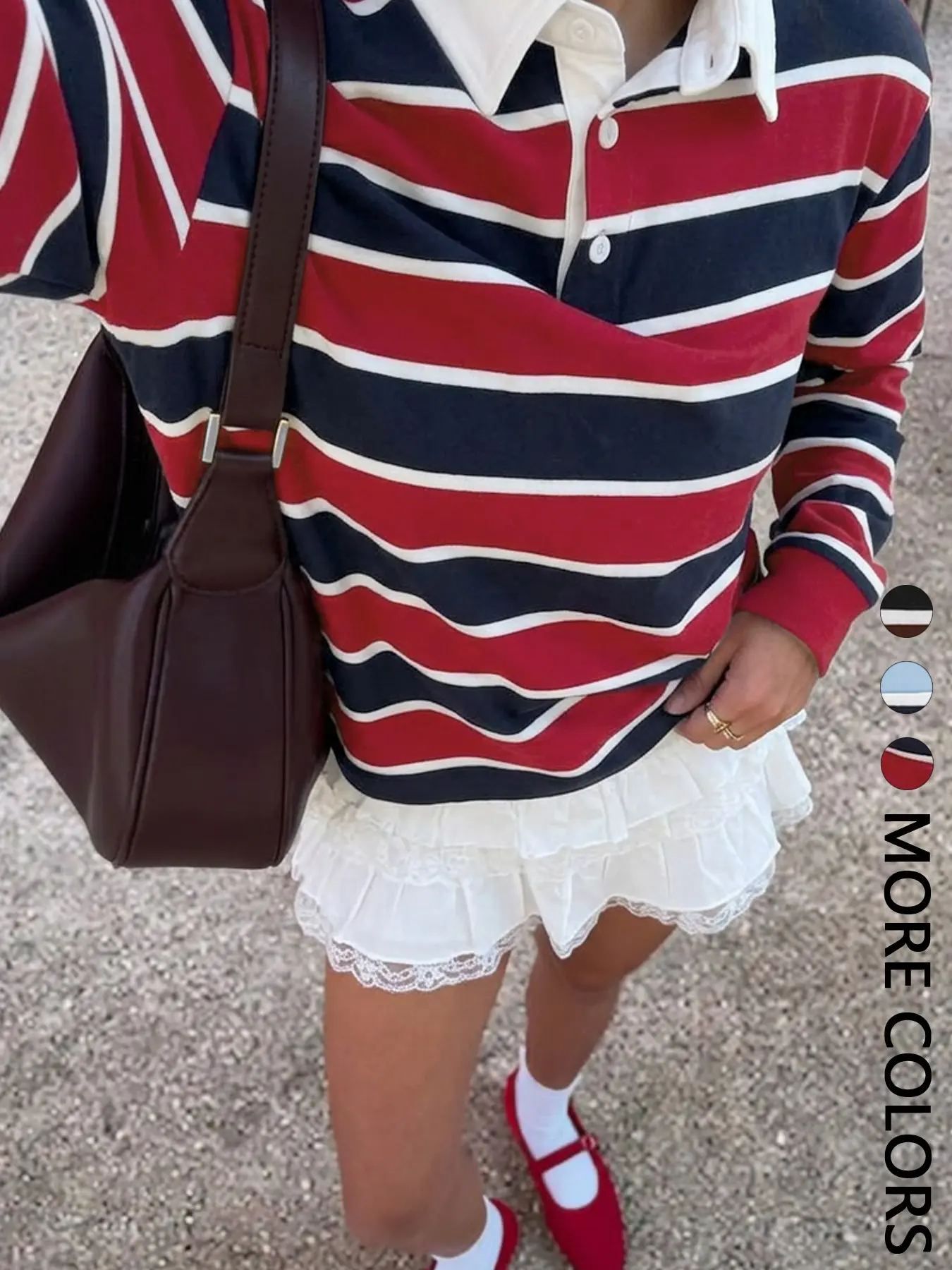 Women's Striped Lapel Long Sleeve Polo Shirt, Loose Fit Vintage College Style, Spring & Fall Fashion, Casual Streetwear Top