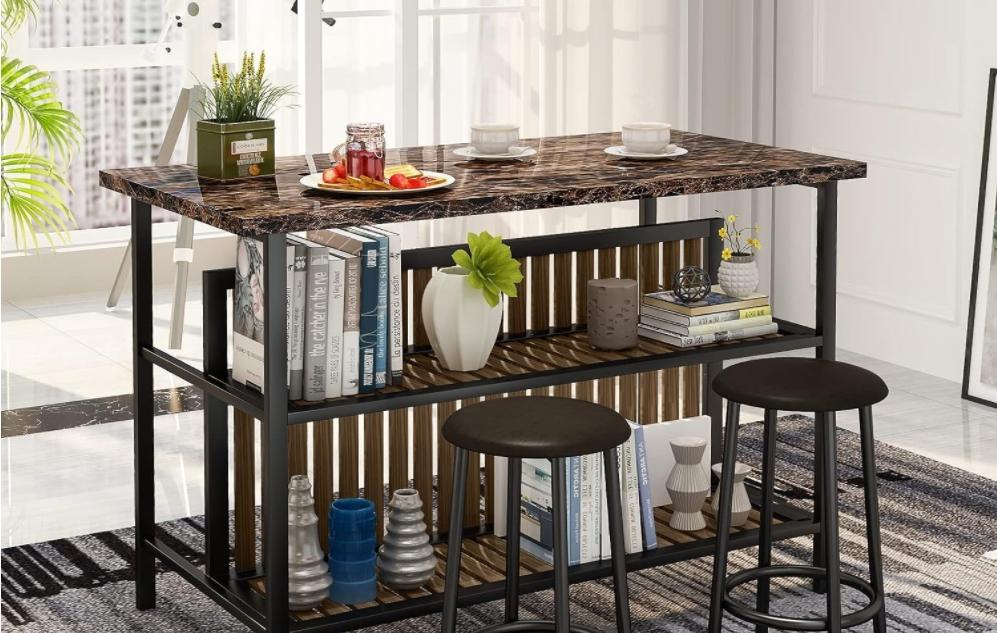 AWQM 3-Piece Kitchen Island Set with Storage, Faux Marble Dining Table & Chairs for 2, Small Space, White/Brown/Walnut