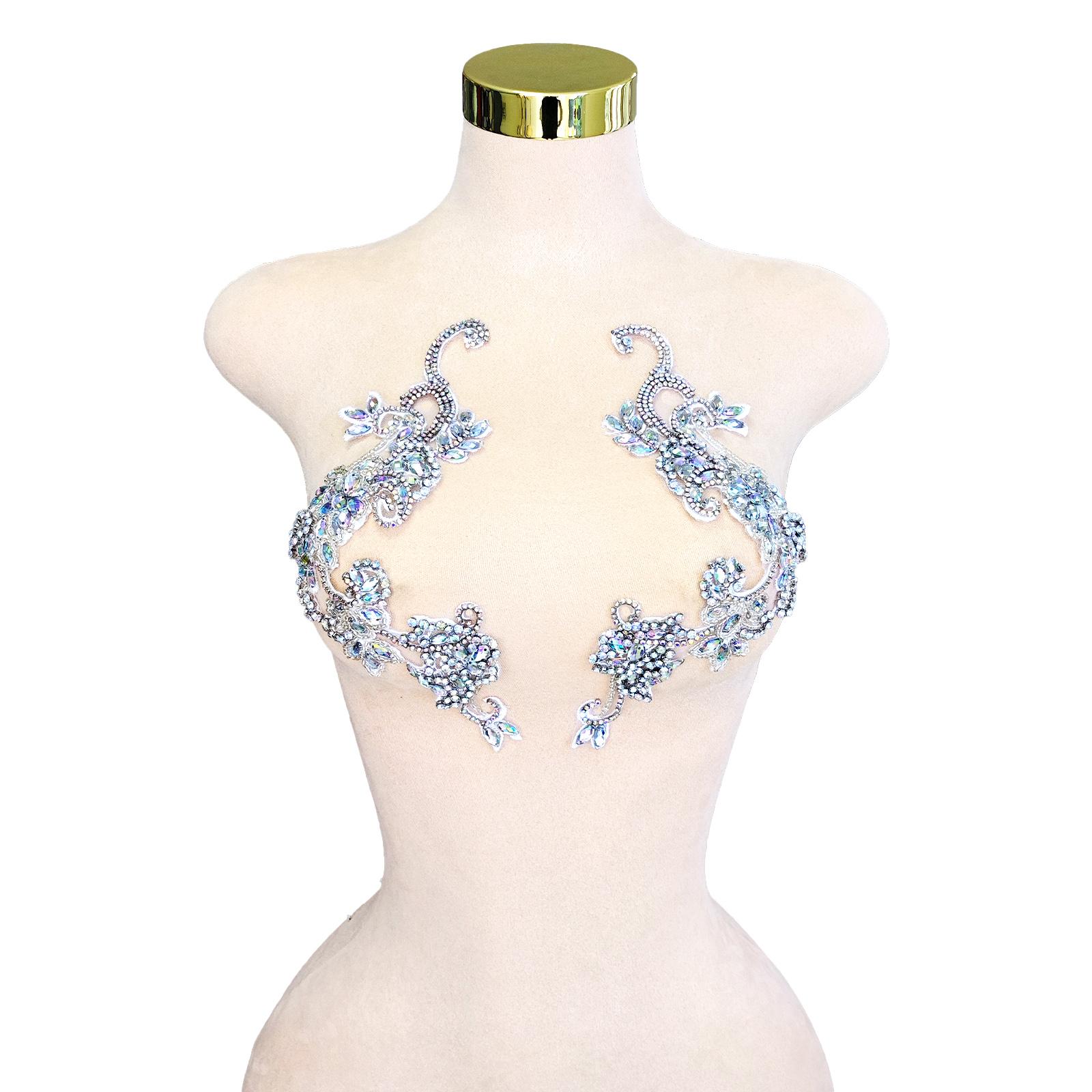 Handmade Pink Crystal Beaded Applique Floral Rhinestone Patch Pair for Dress Decoration Bridal Gowns DIY Embellishment