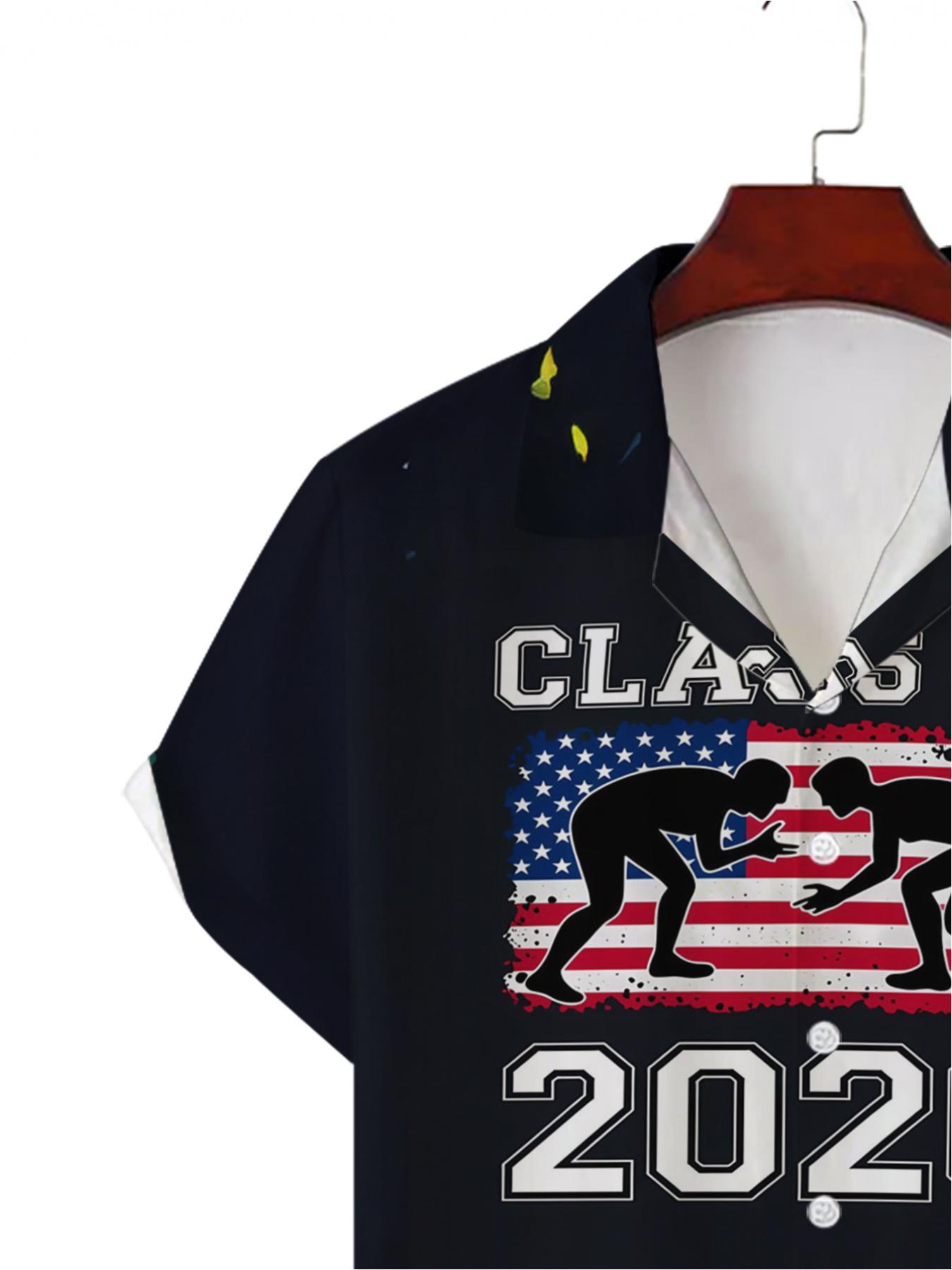 Men's Hawaiian Shirt - Flat Digital Print Pattern - No Texture - Wrestling Graduation Class 2026 American Flag, Fashionable and Simple Short Sleeve, Buttoned, Casual Collar Shirt, Stylish and Versatile, Suitable for Dates, Beach Vacations, a Perfect Gift