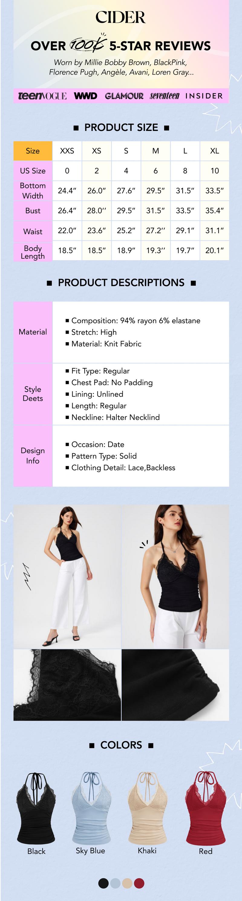 Cider [4 colors, size 0-10] Halter Backless Crop Top with Lace Trim