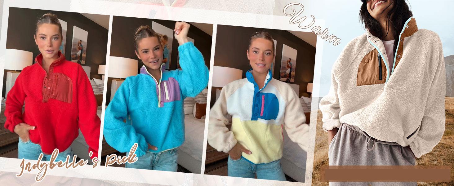 Naeduo Women’s Lightweight  Fleece Pullover Jacket Cropped Fall Winter Fuzzy Sherpa Jacket Sweatshirt Coat with Pockets for Hyrox