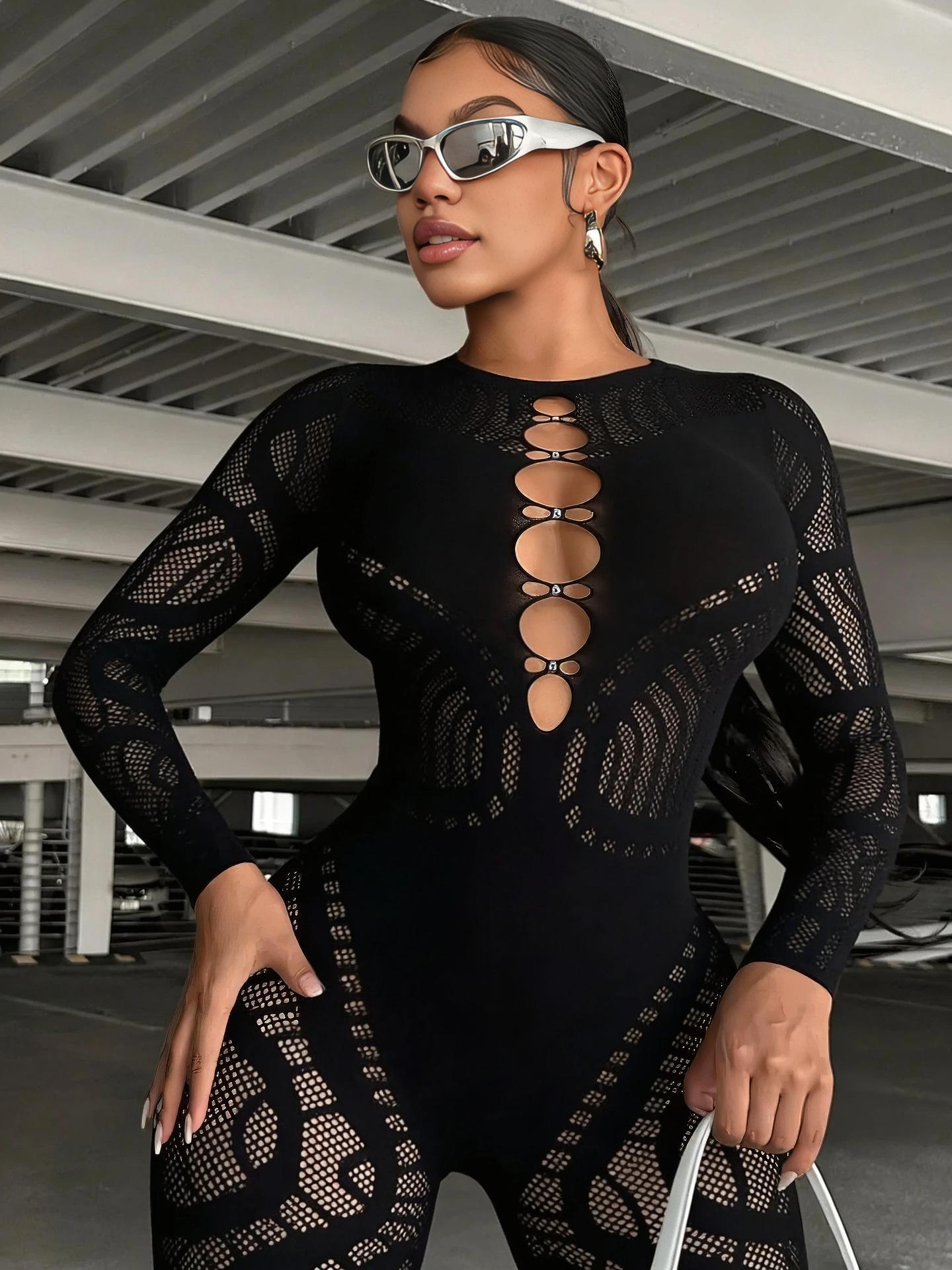 Women's High-Waist Rhinestone Hollow Thick-Knit Long-Sleeve Integrated Bodysuit Outerwear - Polyester, Romantic, Ethnic, Baroque, Anniversary Essential Fashion Clothing Accessory