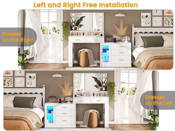 Sikaic LED Makeup Vanity Dresser With Mirror And Charging Station & 5 Drawers Cabinet Storage Furniture Bedroom Aesthetic Modern