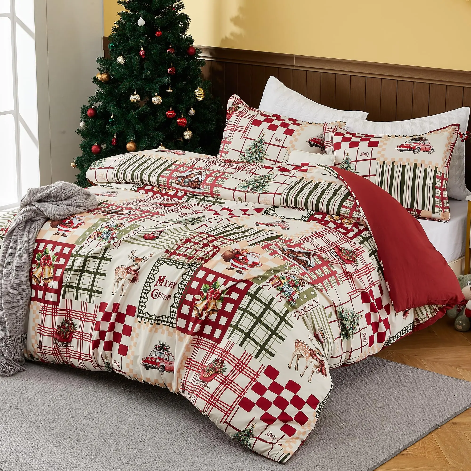 Deer Forest Toile Print Duvet Cover Set, Soft Brushed French Country Bedding for Holiday and Year-Round Bedroom Decor