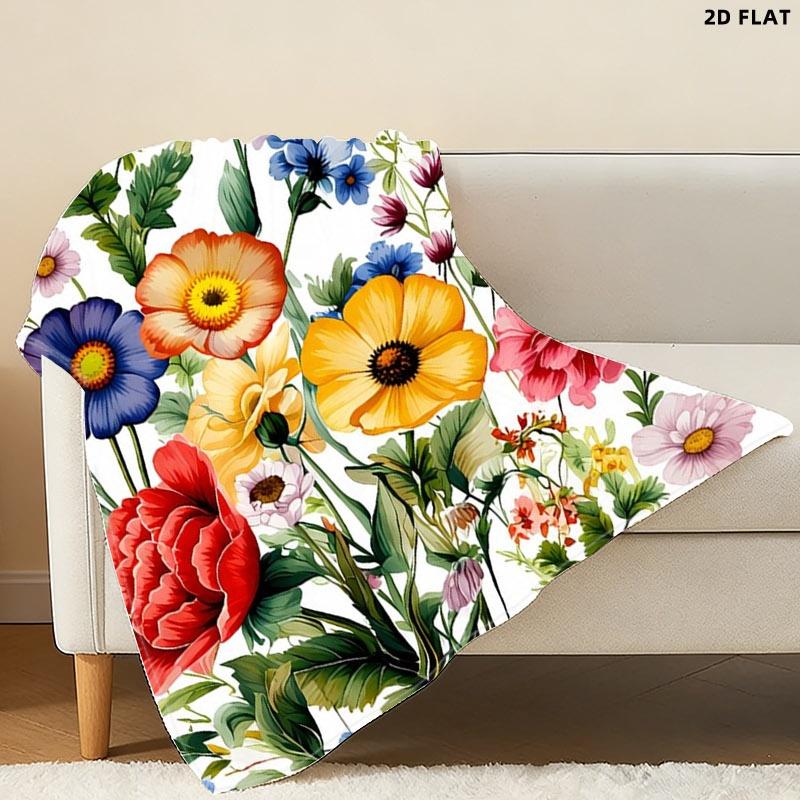 Vibrant Floral Printed Throw Blanket, Single - sided Printing, Multiple Specifications Available, Decorative Botanical Design with Colorful Flowers & Green Foliage, Ideal for Napping/Lounging, Soft Comfortable Material, Perfect for Home Relaxation