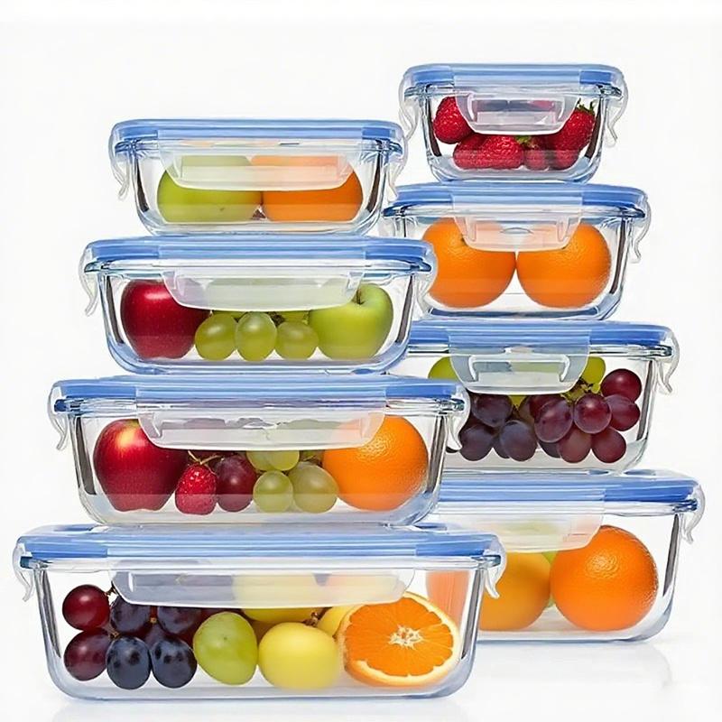 8-piece vacuum-sealed glass food storage container set, leak-proof, portable glass tableware, food delivery box, suitable for microwave, oven, refrigerator, dishwasher, ideal for kitchen, restaurant, and delivery use