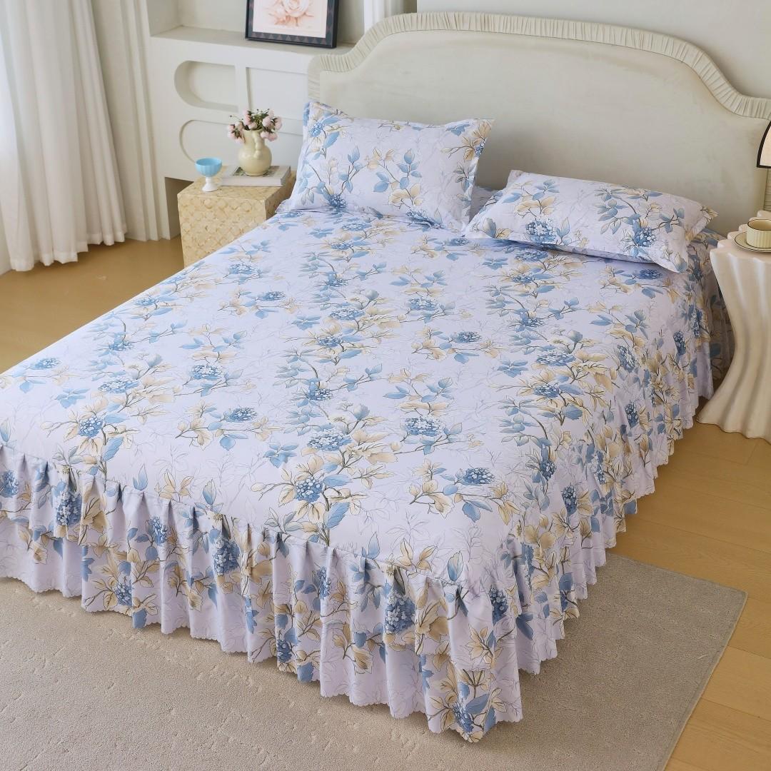 Floral Print Ruffled Edge Bed Skirt Set, 3 Counts/set Including 1 Bed Skirt & 2 Pillowcases without Filler, Comfy Bedding Set for Home Bedroom, All Seasons, Bedroom Decor, Christmas Gift