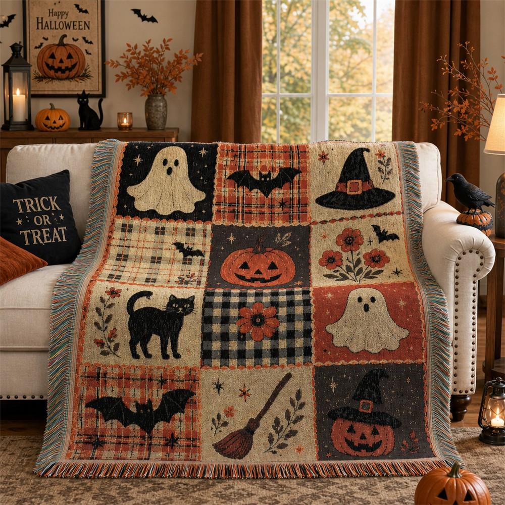 Halloween Patchwork Style Woven Blanket with Tassel Bed Blanket, Multi-Function Also for Sofa Cover Couch Throw Blanket Armchair Home Decor Room Wall Art Tapestry Furniture Slipcover Tablecloth Shawl Outdoor Picnic Camping Beach Towel Office Nap Hippie Halloween Patchwork Style Woven Blanket with Tassel Bed Blanket, Multi-Function Also for Sofa Cover Couch Throw Blanket Armchair Home Decor Room Wall Art Tapestry Furniture Slipcover Tablecloth Shawl Outdoor Picnic Camping Beach Towel Office Nap Hippie
