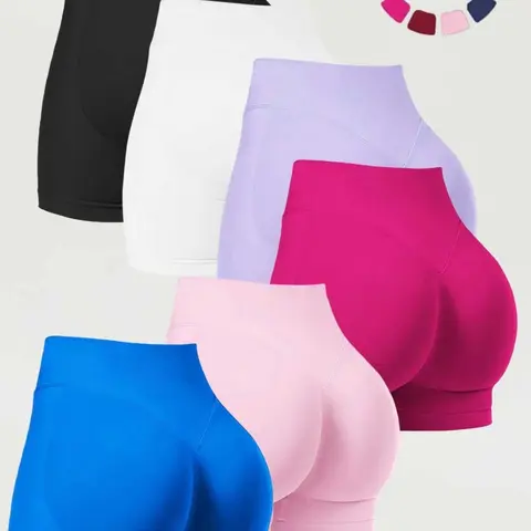 Women's Three-Piece Fitness Shorts Set, Seamless Elastic High-Waisted Yoga Shorts, Tummy Control, Suitable for Gym and Casual Wear, Athleisure Gym Shorts, Solid Seamless Shorts, Compression Shorts Set, Workout Exercise Shorts