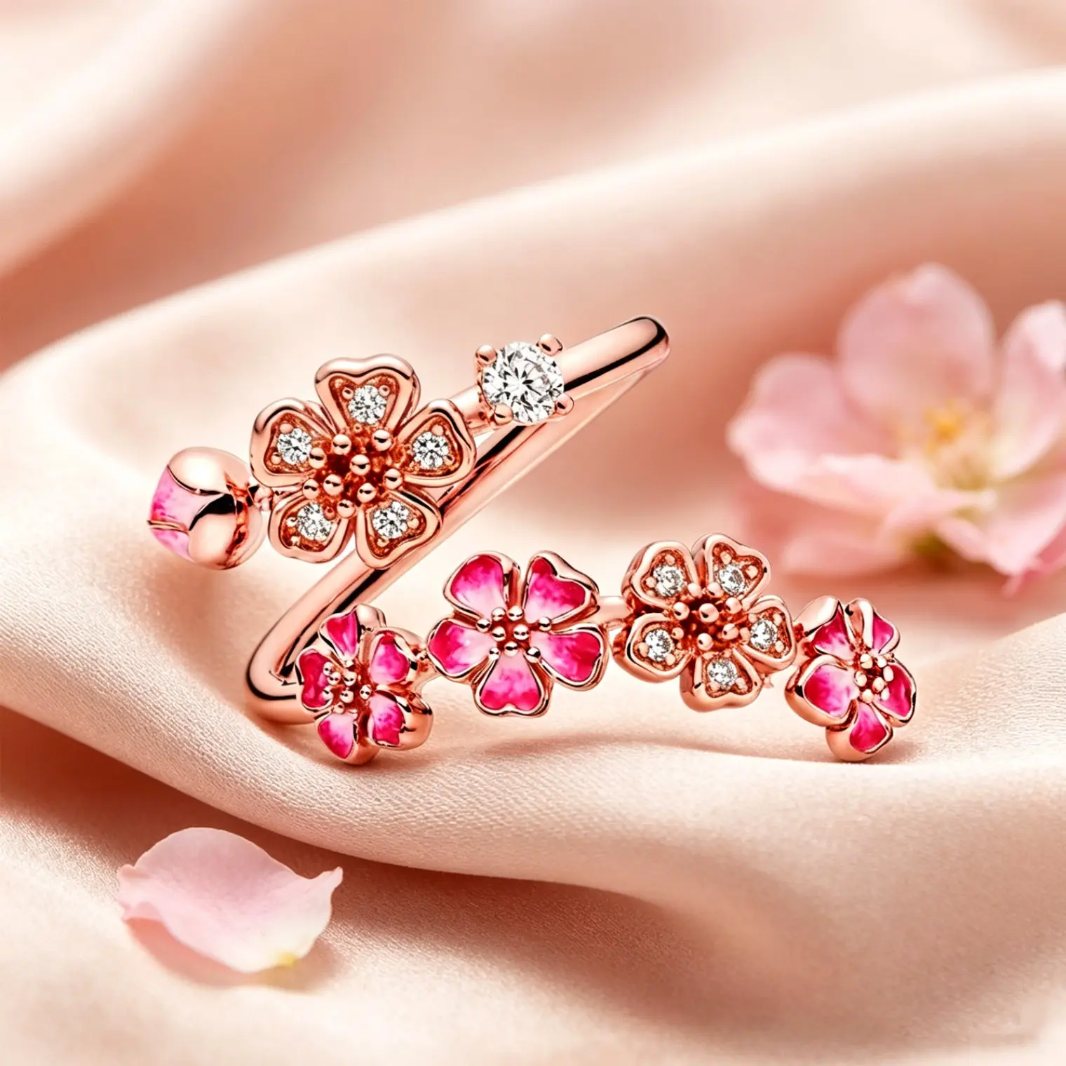 Women's 14K Rose Gold Plated Enamel Floral Branch Open Ring & Cubic Zirconia Peach Flower Wrap Bangle Set - Feminine Items for Women, Spring Garden Fashion Accessory, Birthday Gift Idea