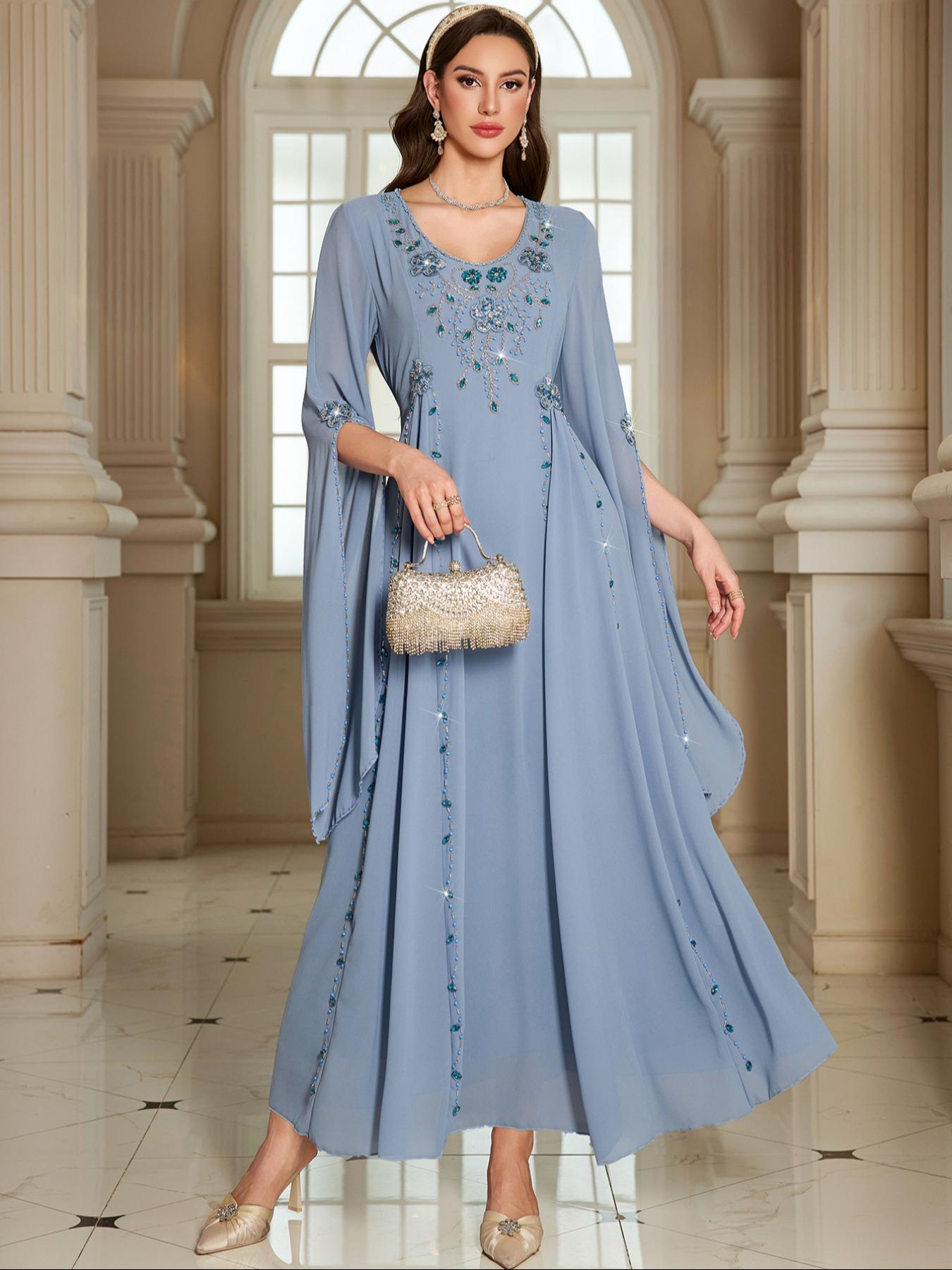 Women's Casual Dress with Rhinestone Beaded Applique, High-End Handmade Embroidery, Long Sleeve Design, Perfect for Daily Wear