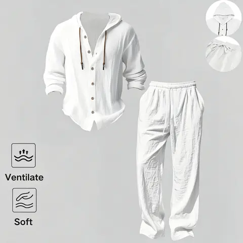 2-Piece Set Men's lightweight Trendy Hooded，Made From Soft Linen，Casual Vacation Style, Loose Fit Breathable Fabric,Long Hoodie & Wide-Leg Pants, Summer Wear outdoorfun Sweatshirt Clothes Fashion Trouser