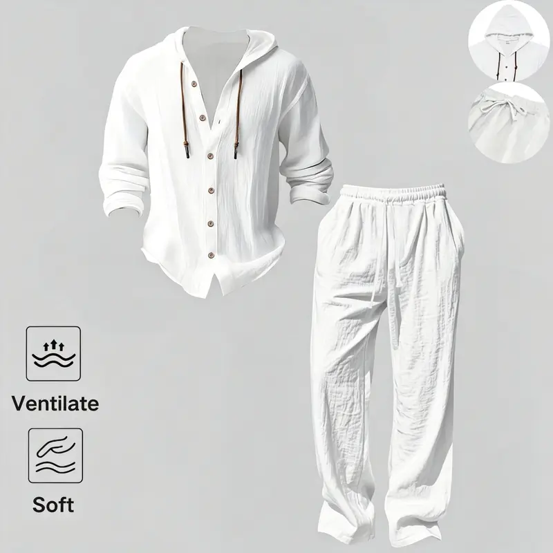 2-Piece Set Men's lightweight Trendy Hooded，Made From Soft Linen，Casual Vacation Style, Loose Fit Breathable Fabric,Long Hoodie & Wide-Leg Pants, Summer Wear outdoorfun Sweatshirt Clothes Fashion Trouser
