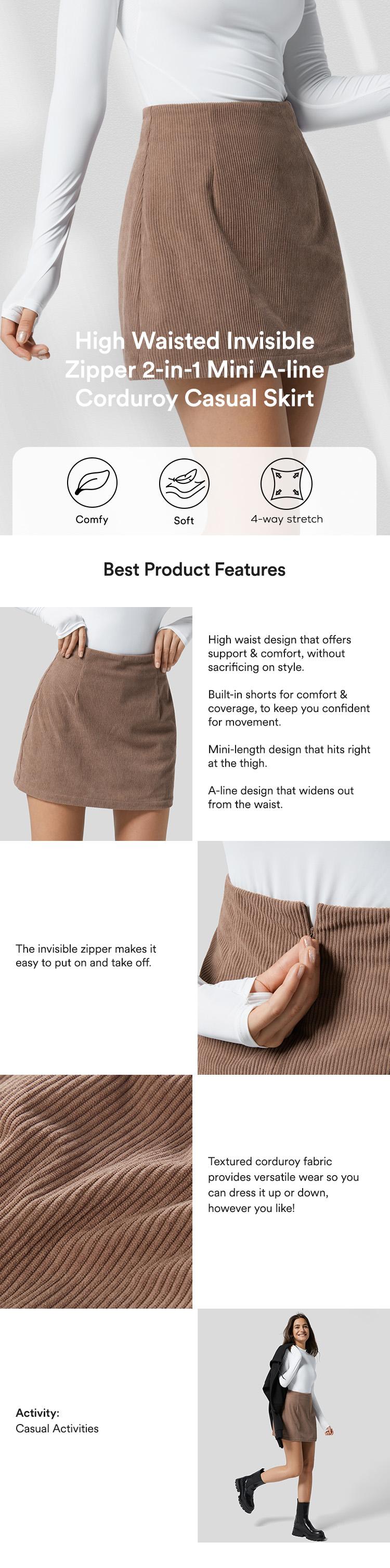 High Waisted Invisible Zipper 2-in-1 Mini A-line Corduroy Casual Skirt