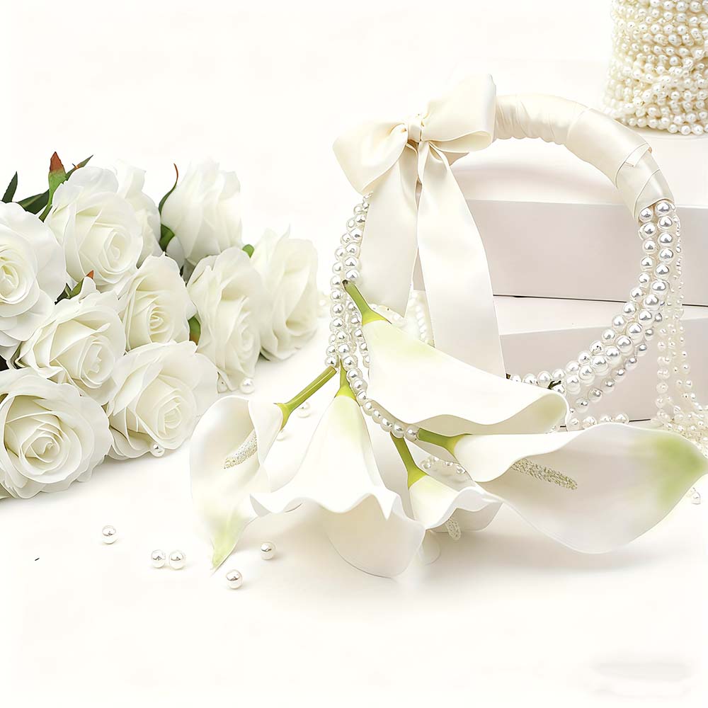 Lily and Pearl Bride Wrist Corsage, 37cm Artificial Flower Handheld Ring, Wedding Ceremony Engagement Party Decoration