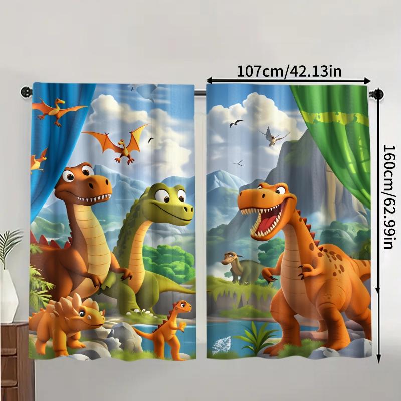 Dinosaur Curtains Set of 2, Cartoon Dinosaur Bedroom Decor, Cute Fun Colorful Wildlife Art Print Living Room Curtains