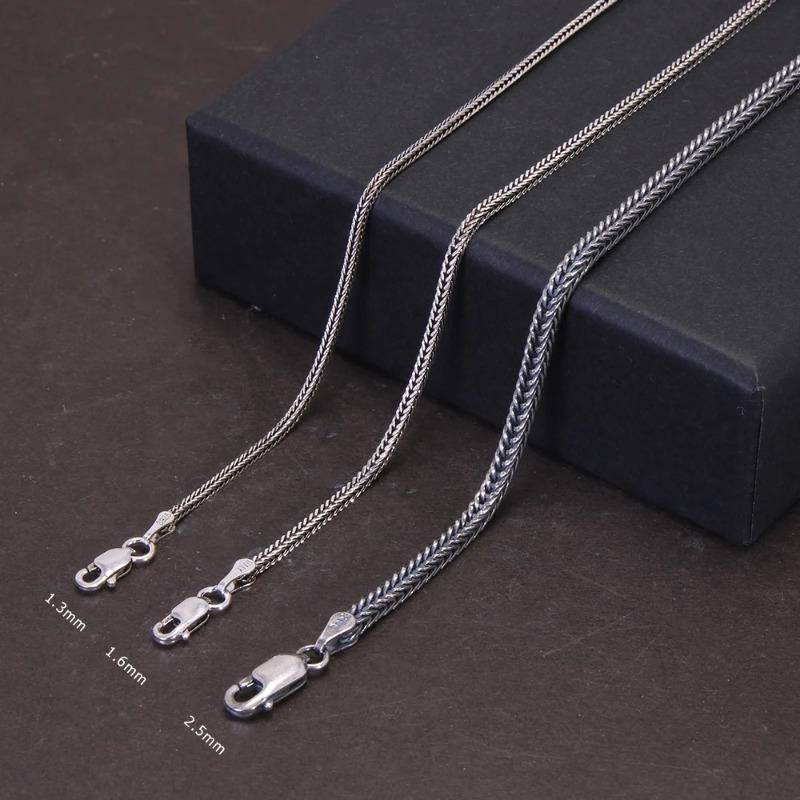 Pure S925 Sterling Silver Bright Classical Chopin Link Weave Fox Tail Pendant Chain Necklace 1.6mm Thick Men Woman Fine Jewelry